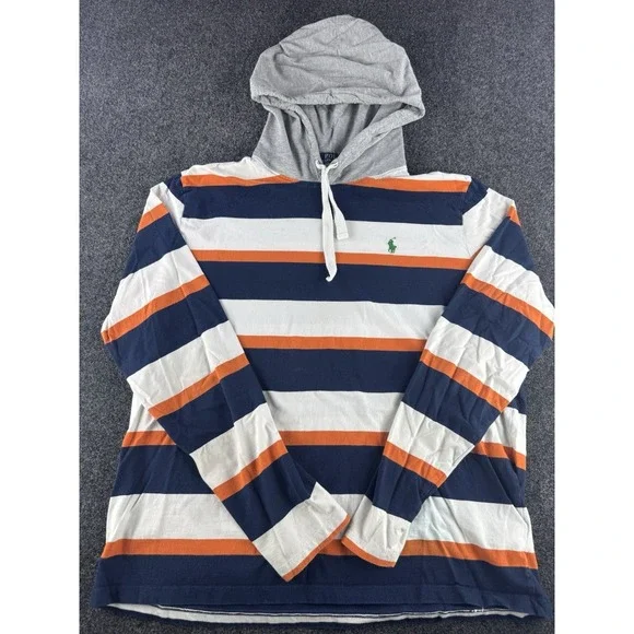 Polo Ralph Lauren Striped Hoodie Mens M Blue Orange White Pony - Picture 2 of 8